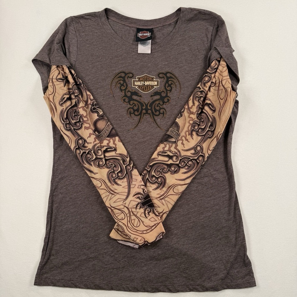 Vtg Harley Davidson Shirt Womens XL Tattoo Sleeve Brown Phoenix Heart Mesa AZ